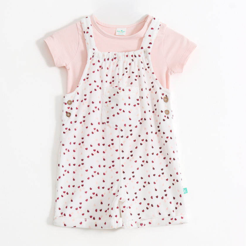 Baby Girls Heart Printed Cotton Dungaree with Half Sleeve T-Shirt Set