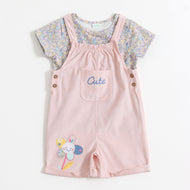 Baby Girls Floral Printed Dungaree with Half Sleeve T-Shirt Set