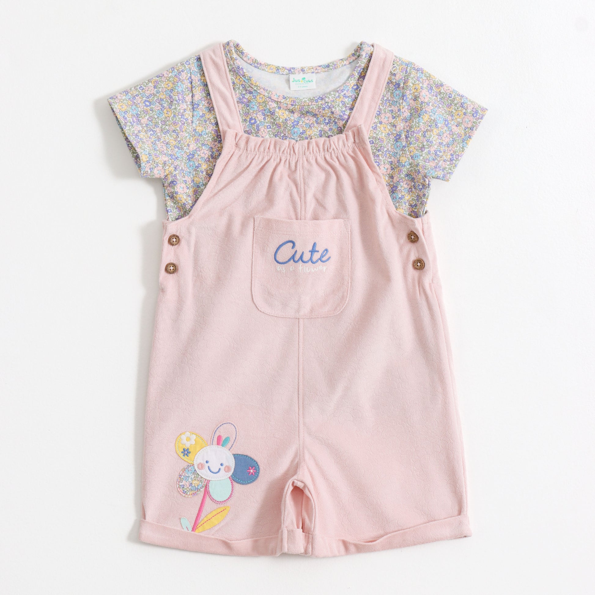 Baby Girls Floral Printed Dungaree with Half Sleeve T-Shirt Set