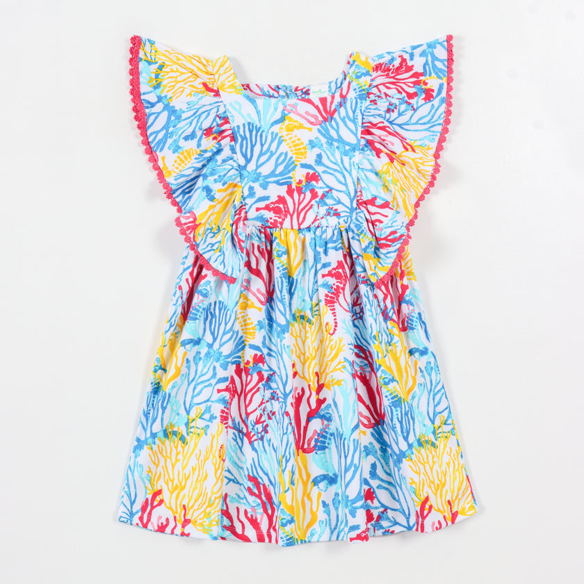 Girls Blue Coral Reef Print Cotton Dress