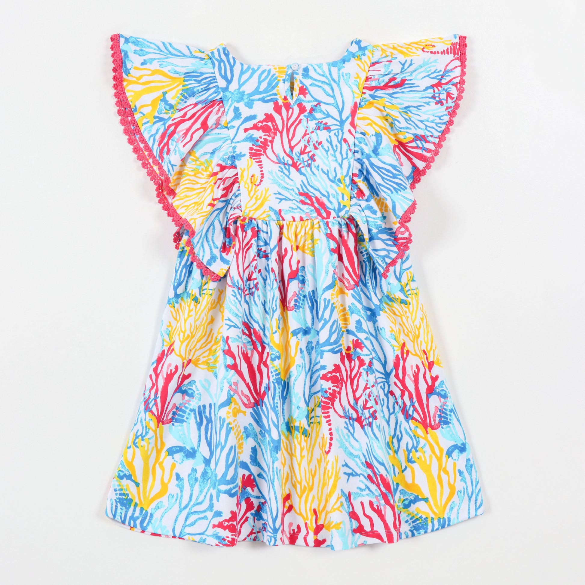 Girls Blue Coral Reef Print Cotton Dress