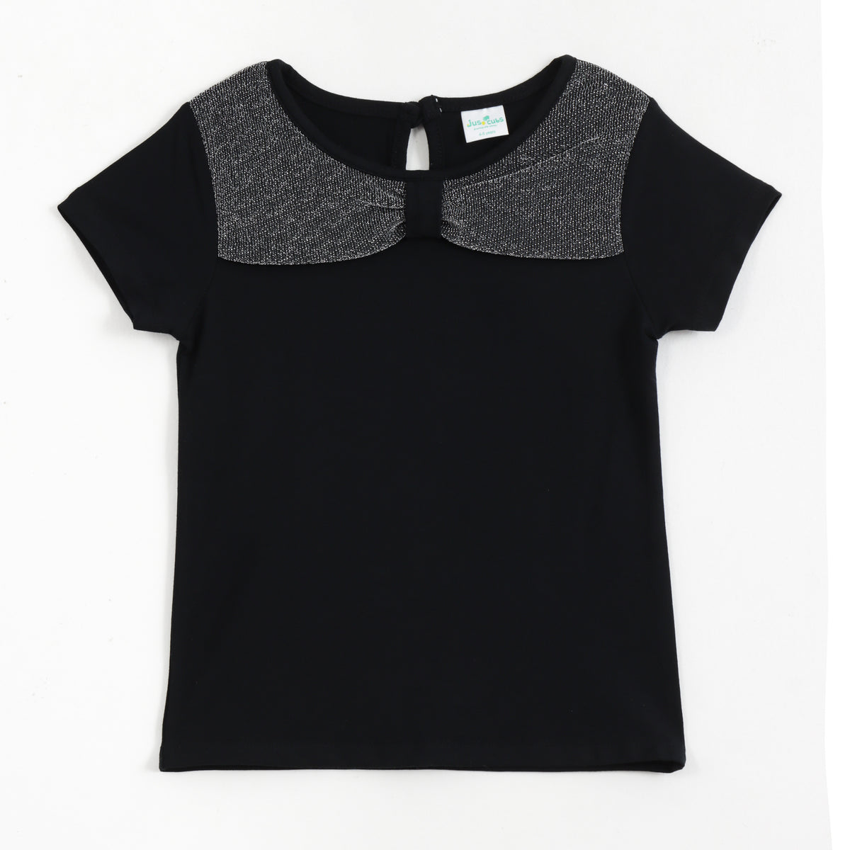 JusCubs Girls Black Short Sleeve Top with Shimmer Bow Collar Detail