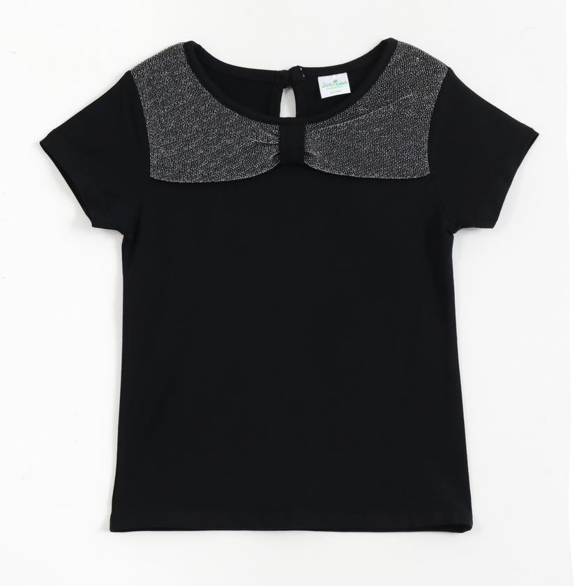 JusCubs Girls Black Short Sleeve Top with Shimmer Bow Collar Detail