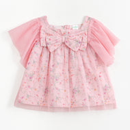JusCubs Girls Pink Floral Print Party Top with Bow & Tulle Sleeves