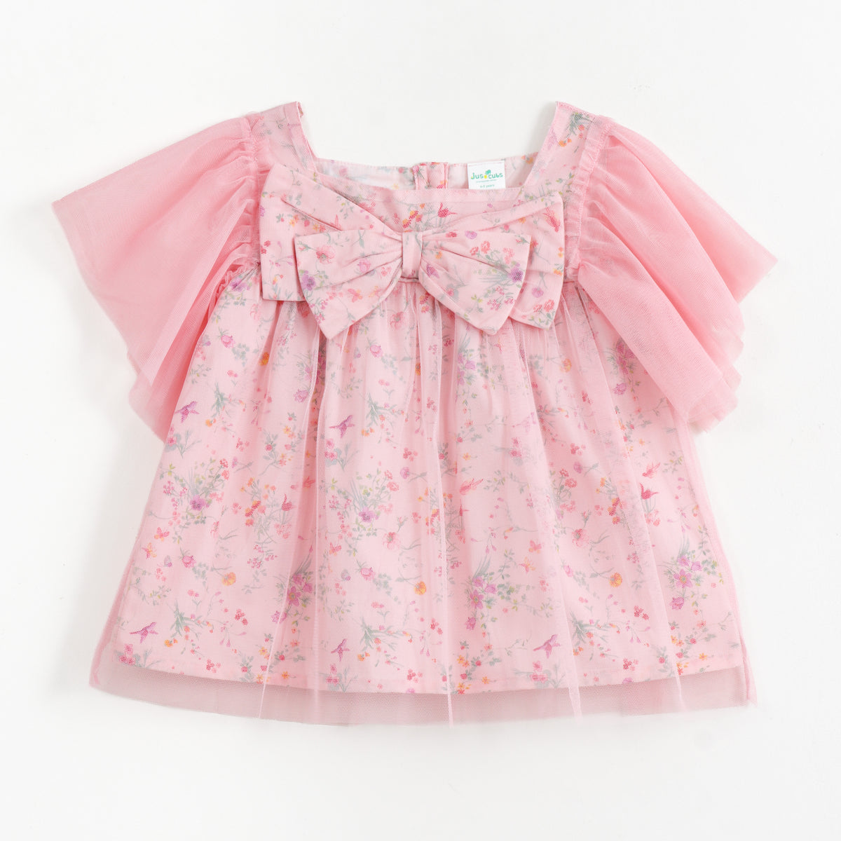 JusCubs Girls Pink Floral Print Party Top with Bow & Tulle Sleeves