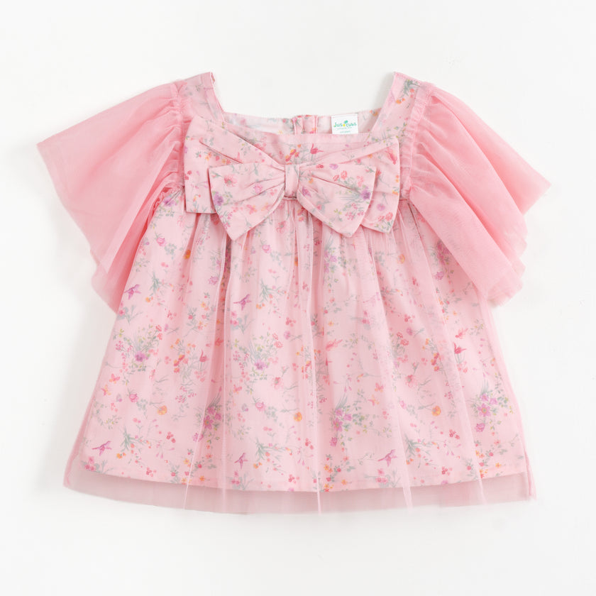 JusCubs Girls Pink Floral Print Party Top with Bow & Tulle Sleeves