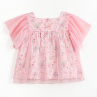 JusCubs Girls Pink Floral Print Party Top with Bow & Tulle Sleeves