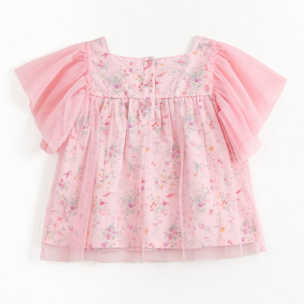 JusCubs Girls Pink Floral Print Party Top with Bow & Tulle Sleeves