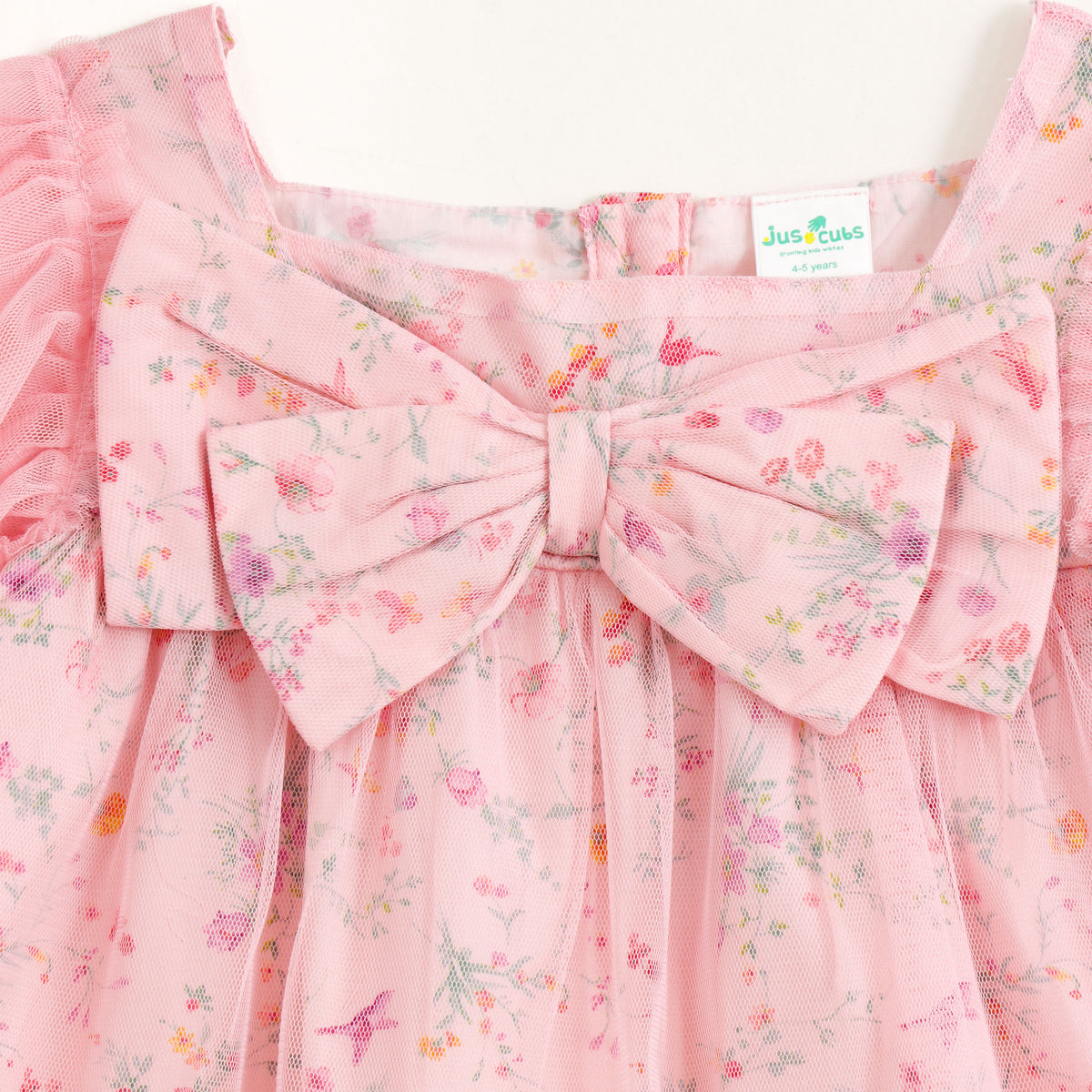 JusCubs Girls Pink Floral Print Party Top with Bow & Tulle Sleeves