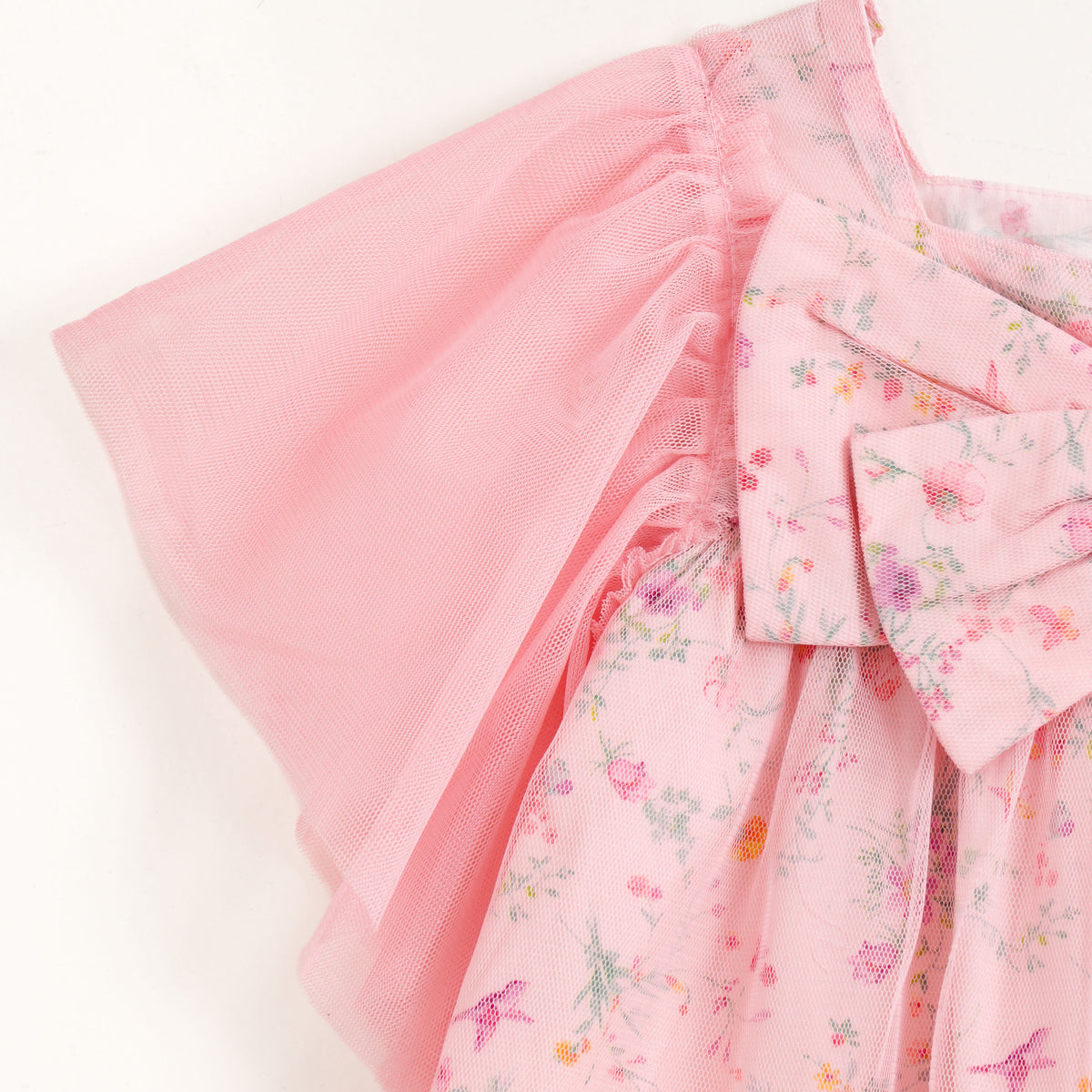 JusCubs Girls Pink Floral Print Party Top with Bow & Tulle Sleeves