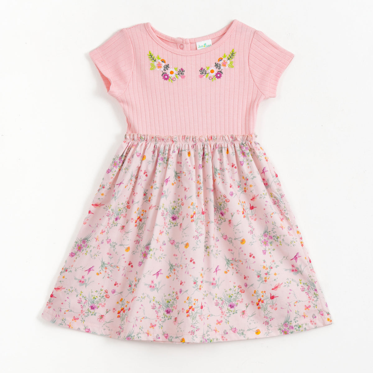 JusCubs Girls Pink Floral Print Short Sleeve Dress with Embroidered Detail