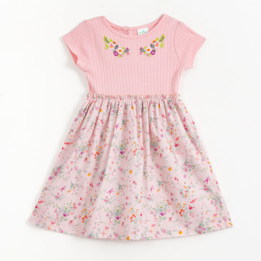 JusCubs Girls Pink Floral Print Short Sleeve Dress with Embroidered Detail