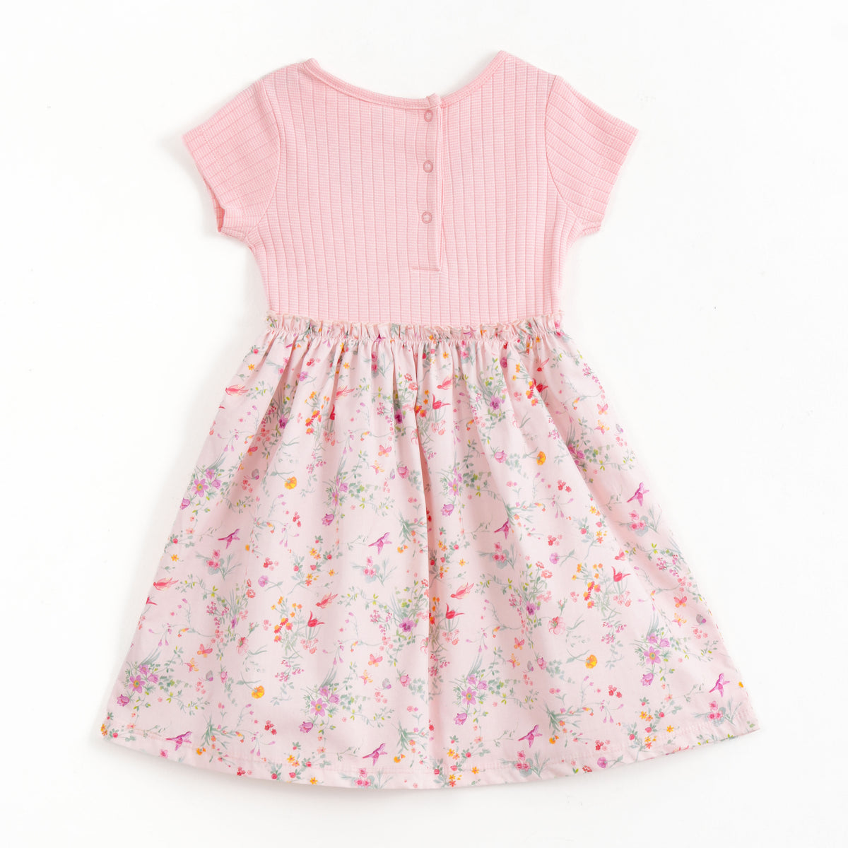 JusCubs Girls Pink Floral Print Short Sleeve Dress with Embroidered Detail