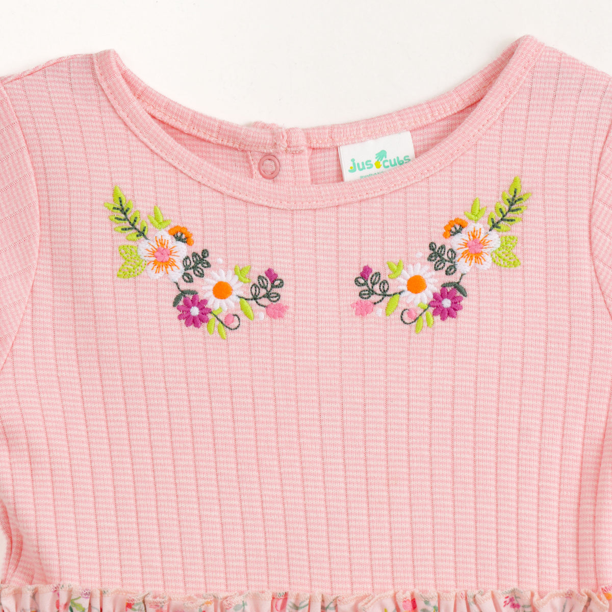 JusCubs Girls Pink Floral Print Short Sleeve Dress with Embroidered Detail