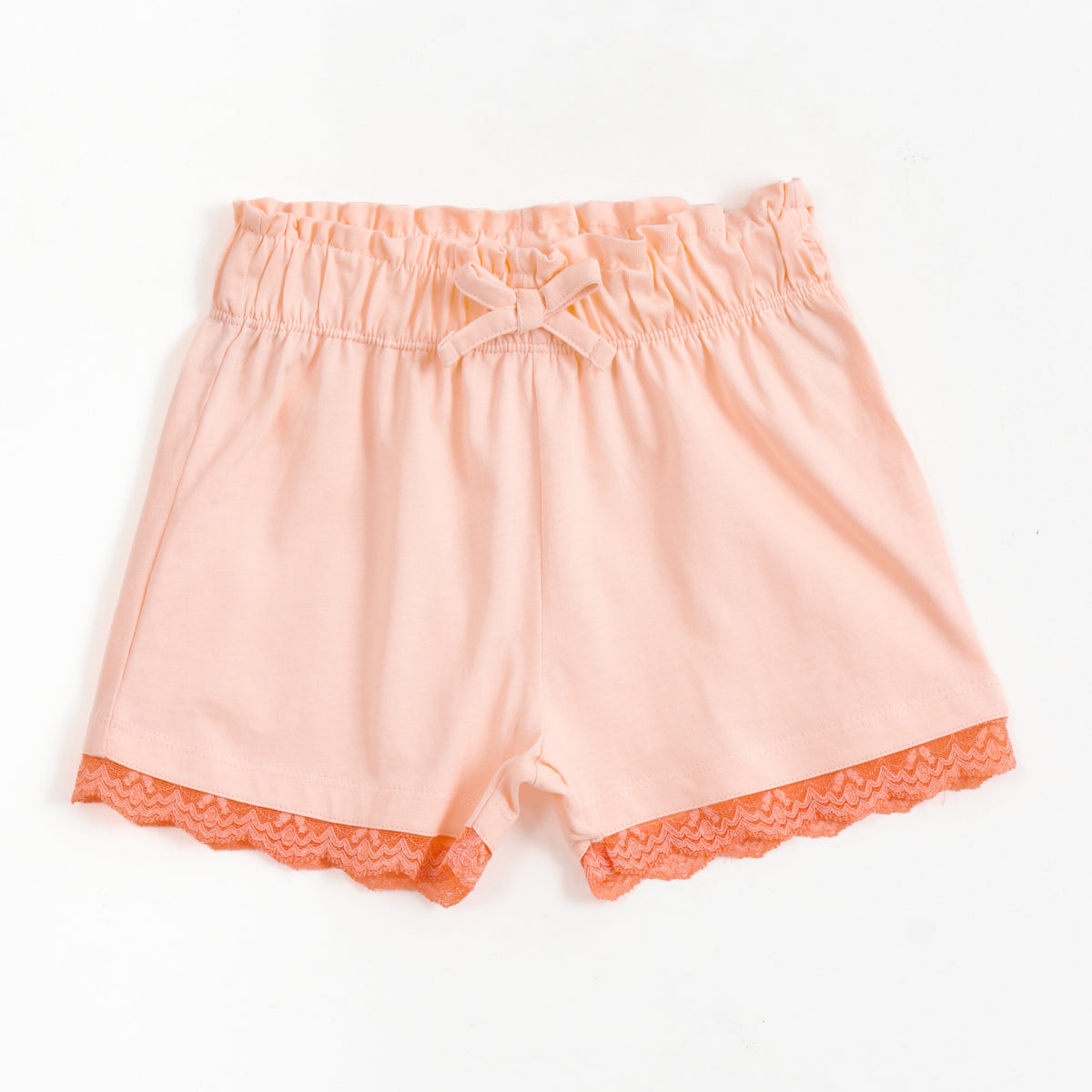 JusCubs Girls Peach Pink Solid Shorts with Lace Hem & Bow Detail