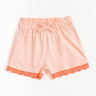 JusCubs Girls Peach Pink Solid Shorts with Lace Hem & Bow Detail