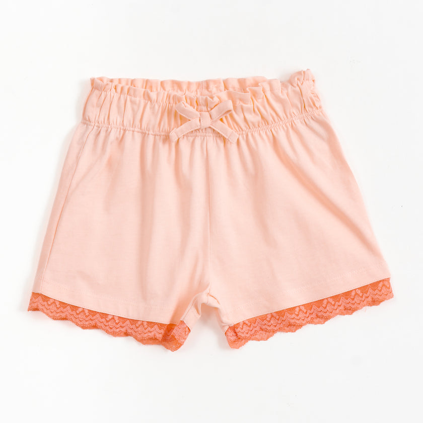 JusCubs Girls Peach Pink Solid Shorts with Lace Hem & Bow Detail