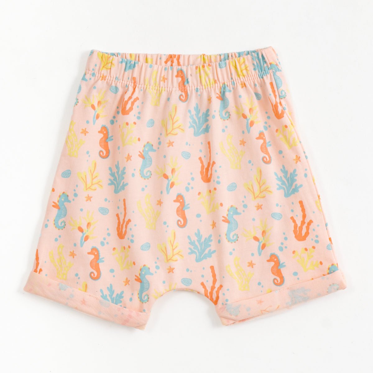 JusCubs Baby Girls Peach Pack of 2 Shorts – Seahorse Print & Solid