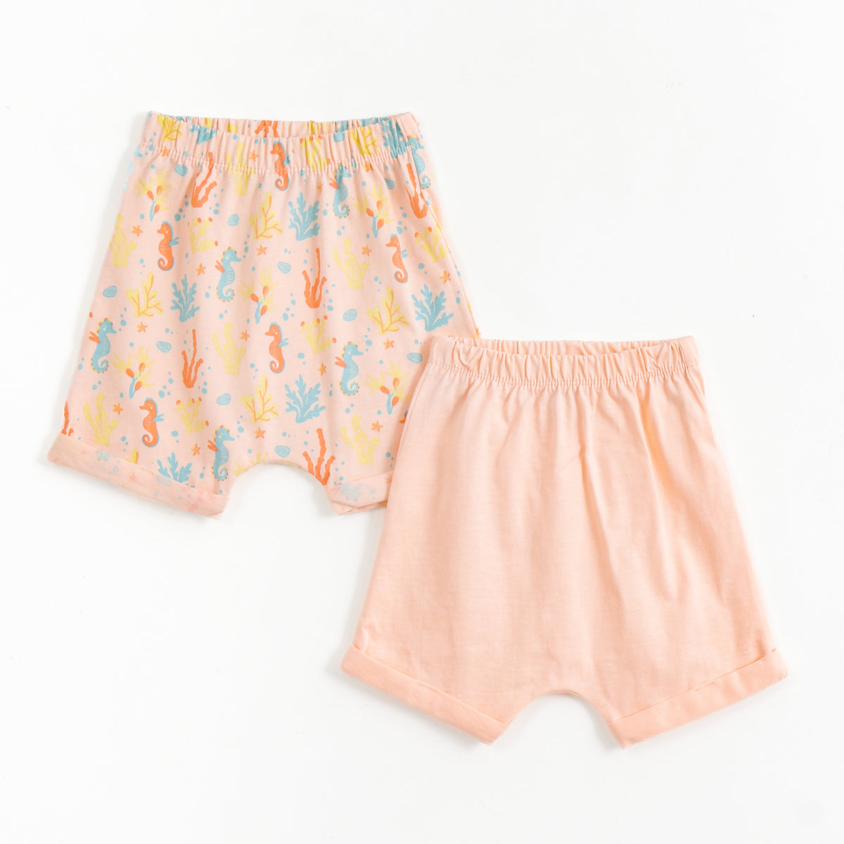 JusCubs Baby Girls Peach Pack of 2 Shorts – Seahorse Print & Solid