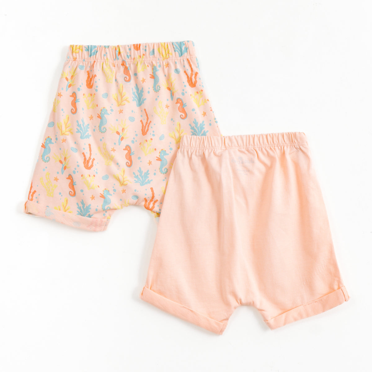 JusCubs Baby Girls Peach Pack of 2 Shorts – Seahorse Print & Solid