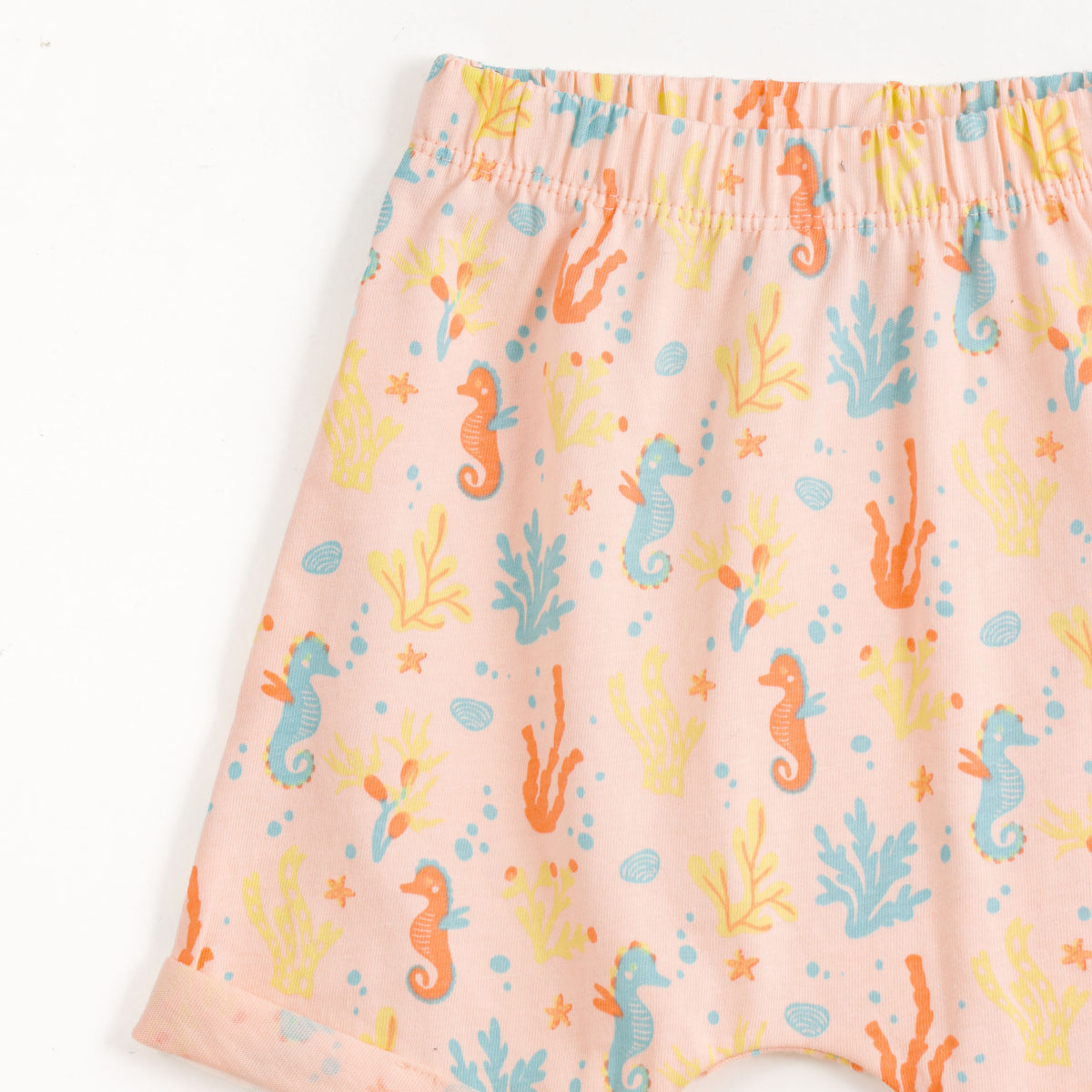 JusCubs Baby Girls Peach Pack of 2 Shorts – Seahorse Print & Solid