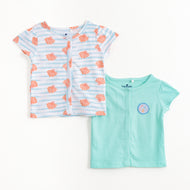 JusCubs Baby Unisex Pack of 2 Short Sleeve Front Open Cotton Vests – Aqua & Shell Print