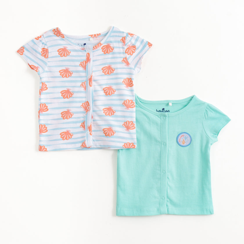 JusCubs Baby Unisex Pack of 2 Short Sleeve Front Open Cotton Vests – Aqua & Shell Print