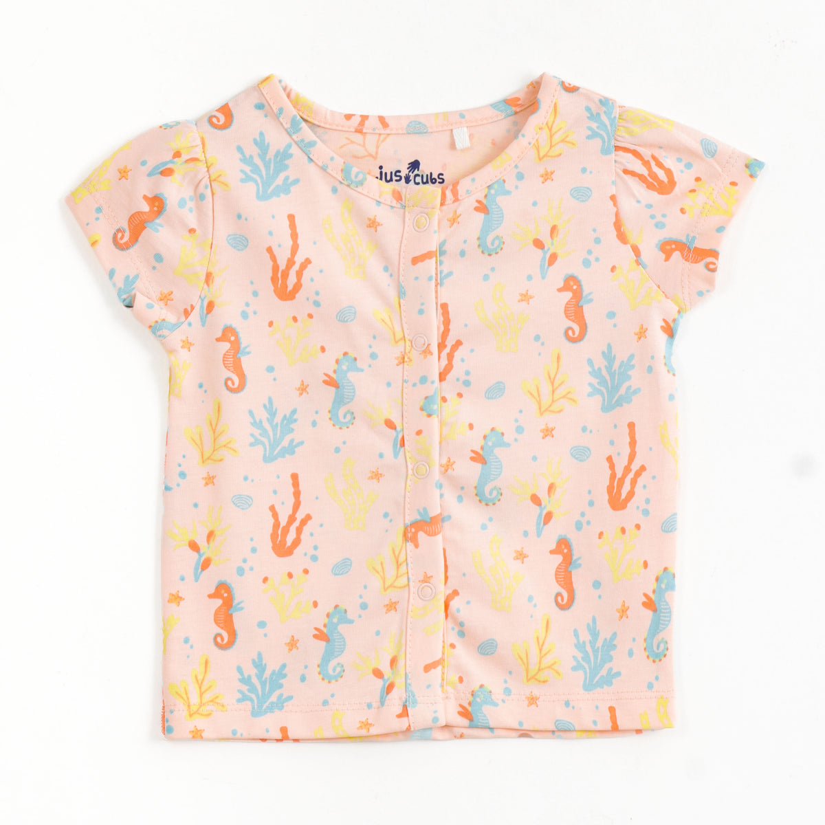 JusCubs Baby Girls Pack of 2 Short Sleeve Front Open Cotton Vests – Peach & Sea Life Print