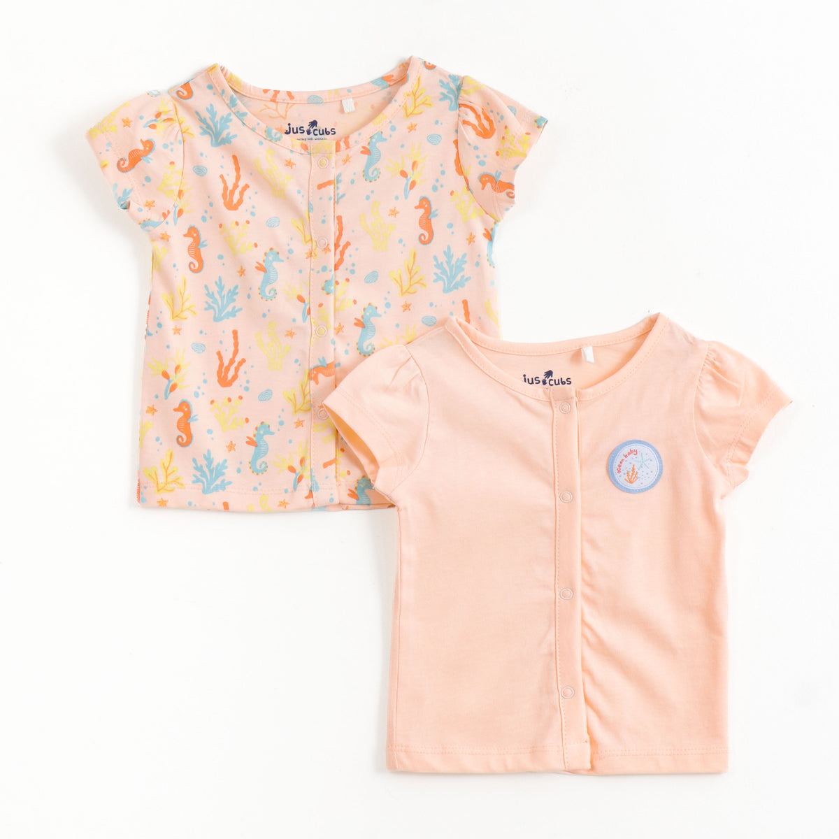 JusCubs Baby Girls Pack of 2 Short Sleeve Front Open Cotton Vests – Peach & Sea Life Print