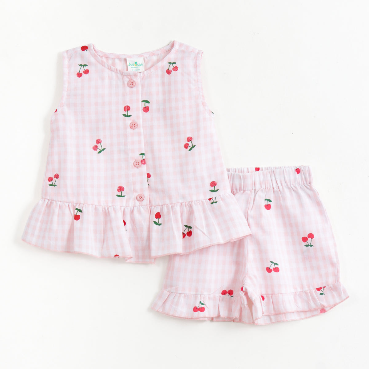 JusCubs Baby Girls Pink Checked Cherry Print Sleeveless Top & Shorts Set