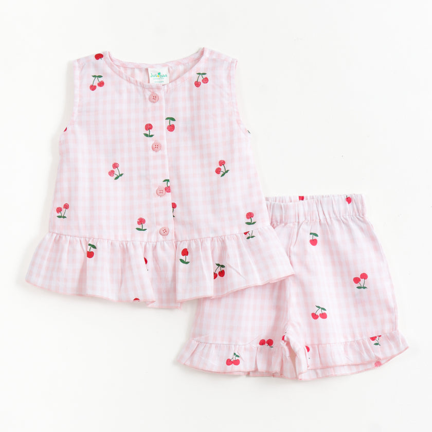 JusCubs Baby Girls Pink Checked Cherry Print Sleeveless Top & Shorts Set