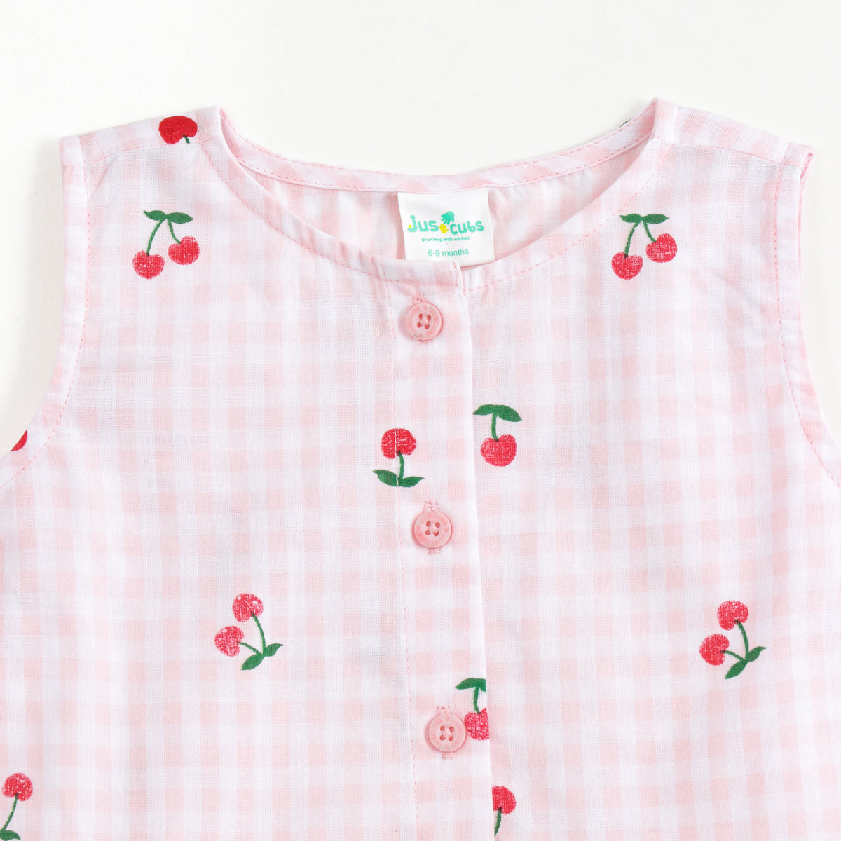 JusCubs Baby Girls Pink Checked Cherry Print Sleeveless Top & Shorts Set