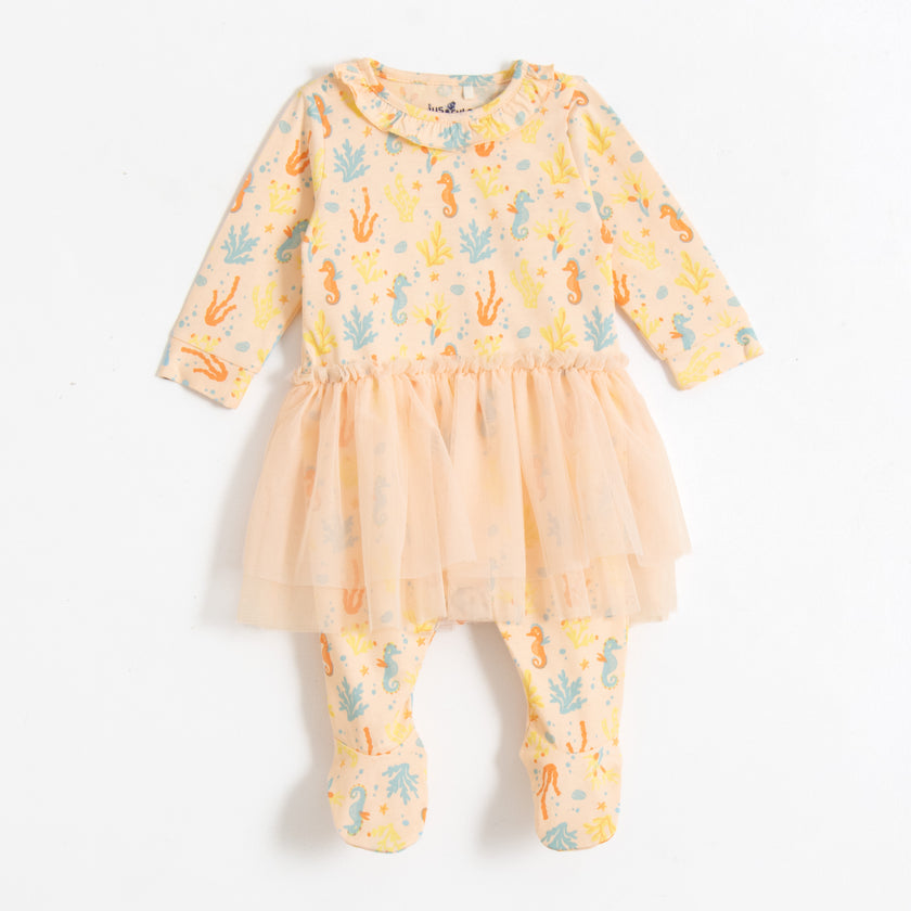 JusCubs Baby Girls’ Peach Seahorse Print Footed Sleepsuit with Tulle Skirt