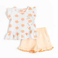 JusCubs Baby Girls’ White Seashell Print Frill Top with Peach Shorts Set