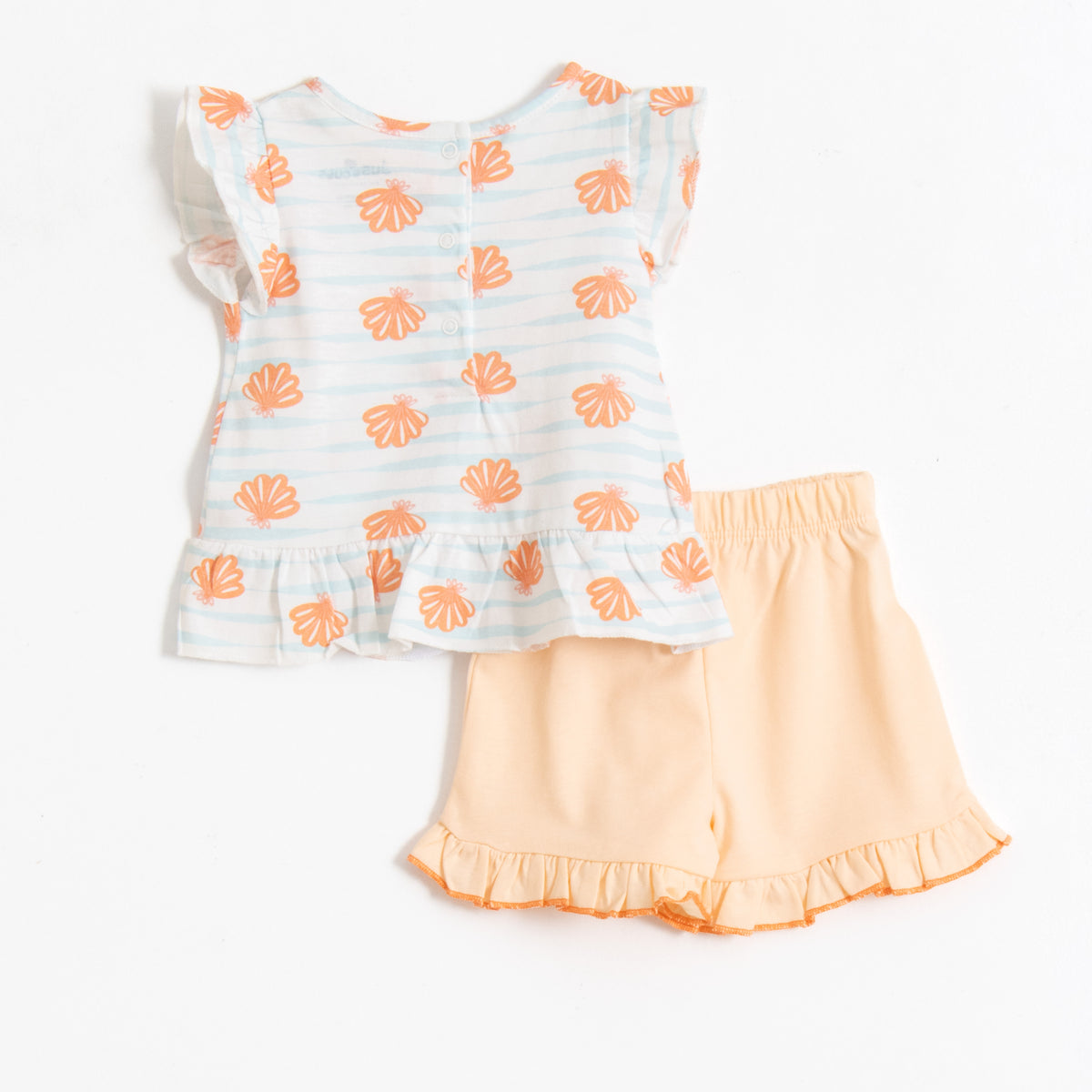 JusCubs Baby Girls’ White Seashell Print Frill Top with Peach Shorts Set