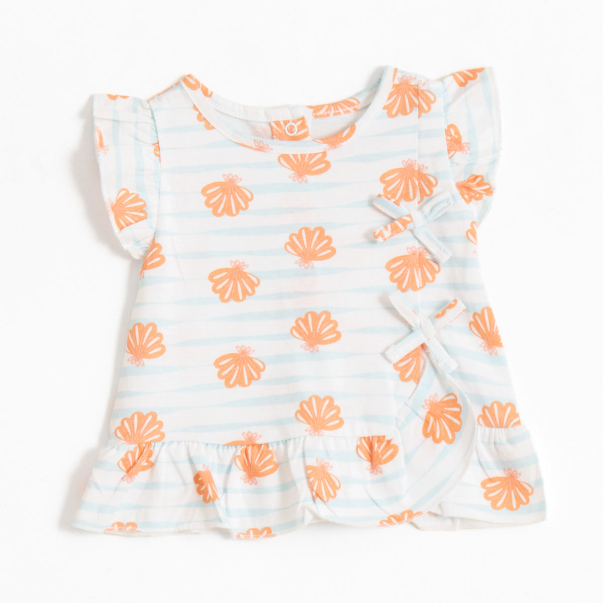 JusCubs Baby Girls’ White Seashell Print Frill Top with Peach Shorts Set