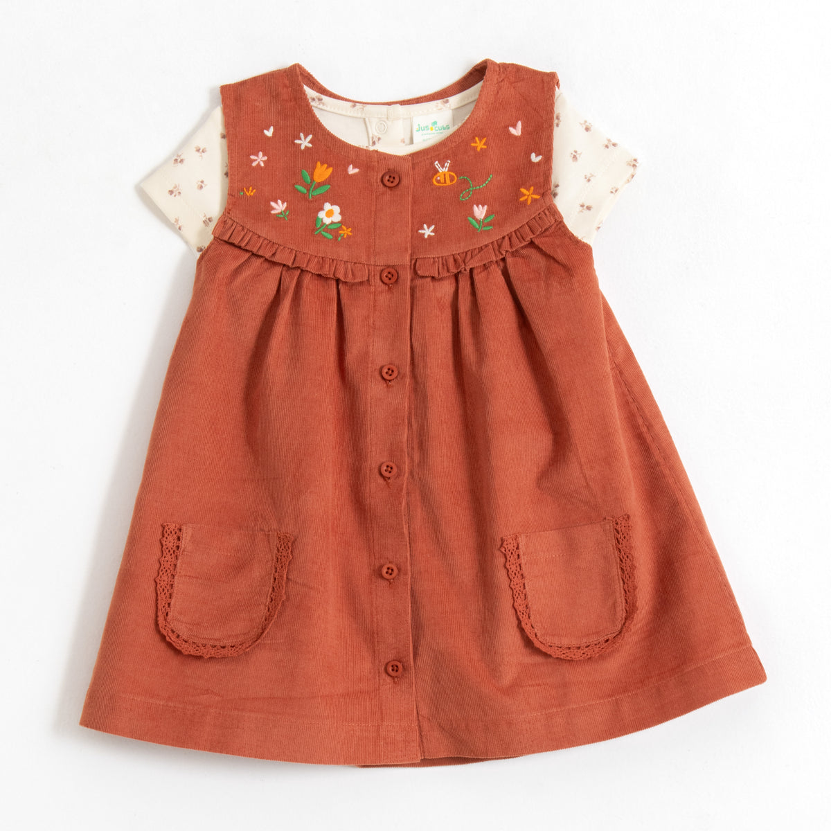 JusCubs Baby Girls’ Rust Embroidered Pinafore Dress with Off-White Printed Top