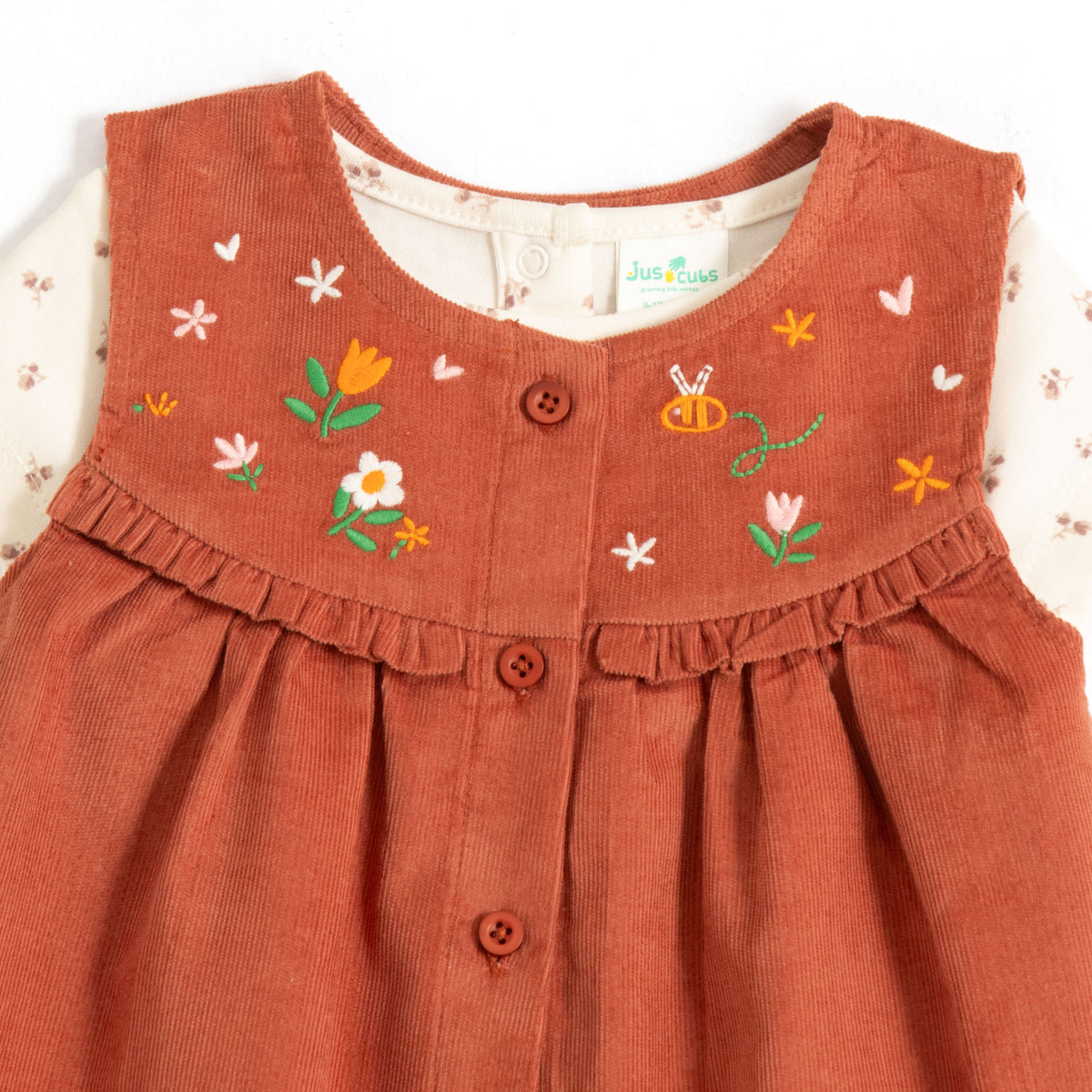 JusCubs Baby Girls’ Rust Embroidered Pinafore Dress with Off-White Printed Top