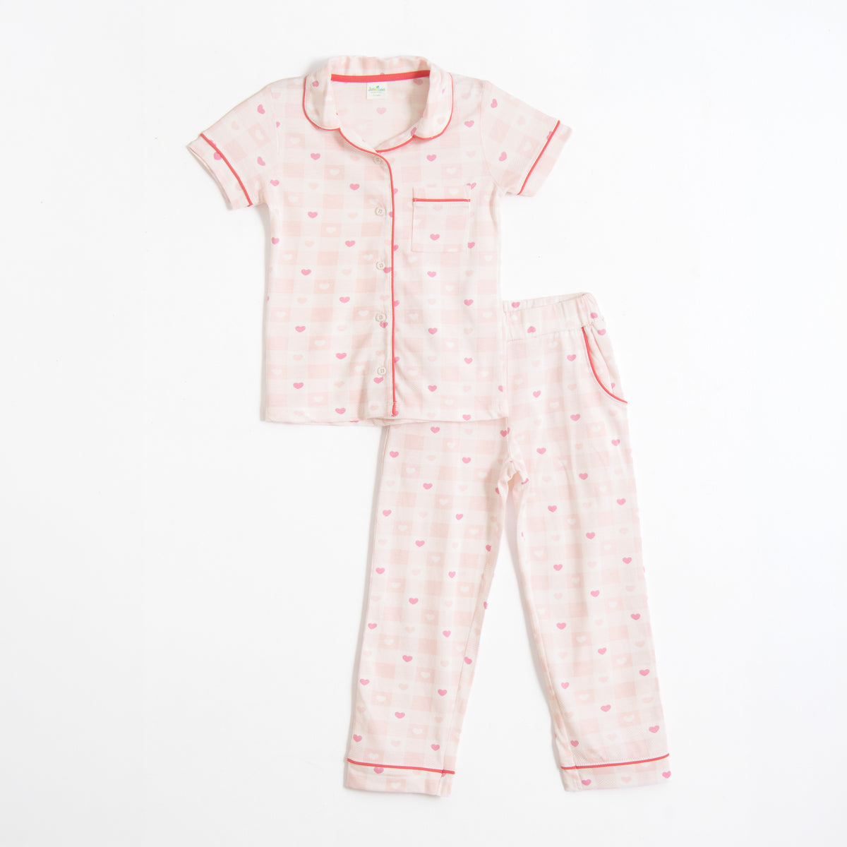 JusCubs Girls’ Light Pink Heart Print Shirt & Pyjama Nightwear Set