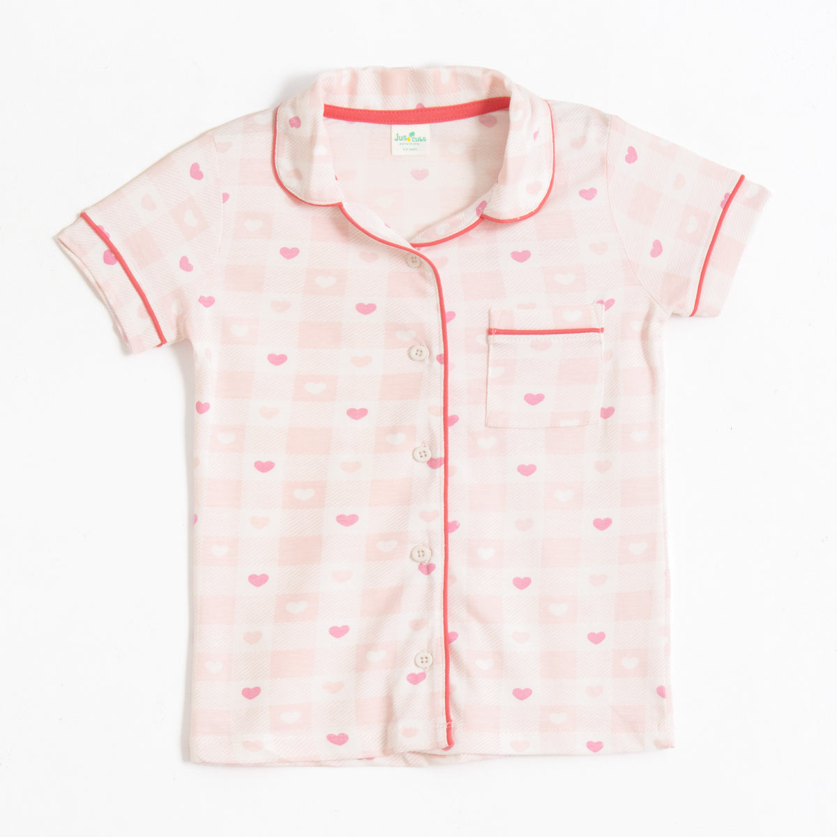 JusCubs Girls’ Light Pink Heart Print Shirt & Pyjama Nightwear Set