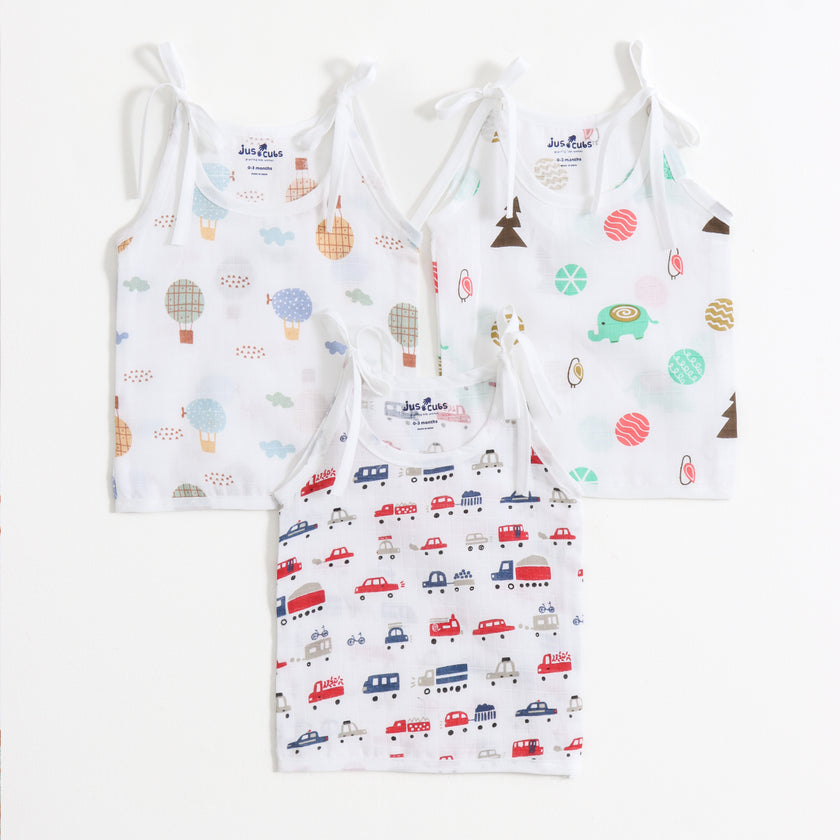 Baby Unisex Muslin Sleeveless Shoulder Tie Jhabla Pack of 3