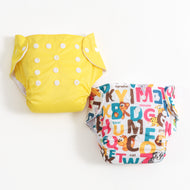 Baby Reusable Adjustable Cloth Diaper Pack of 2 – Yellow Solid & Alphabet Animal Print | Washable |