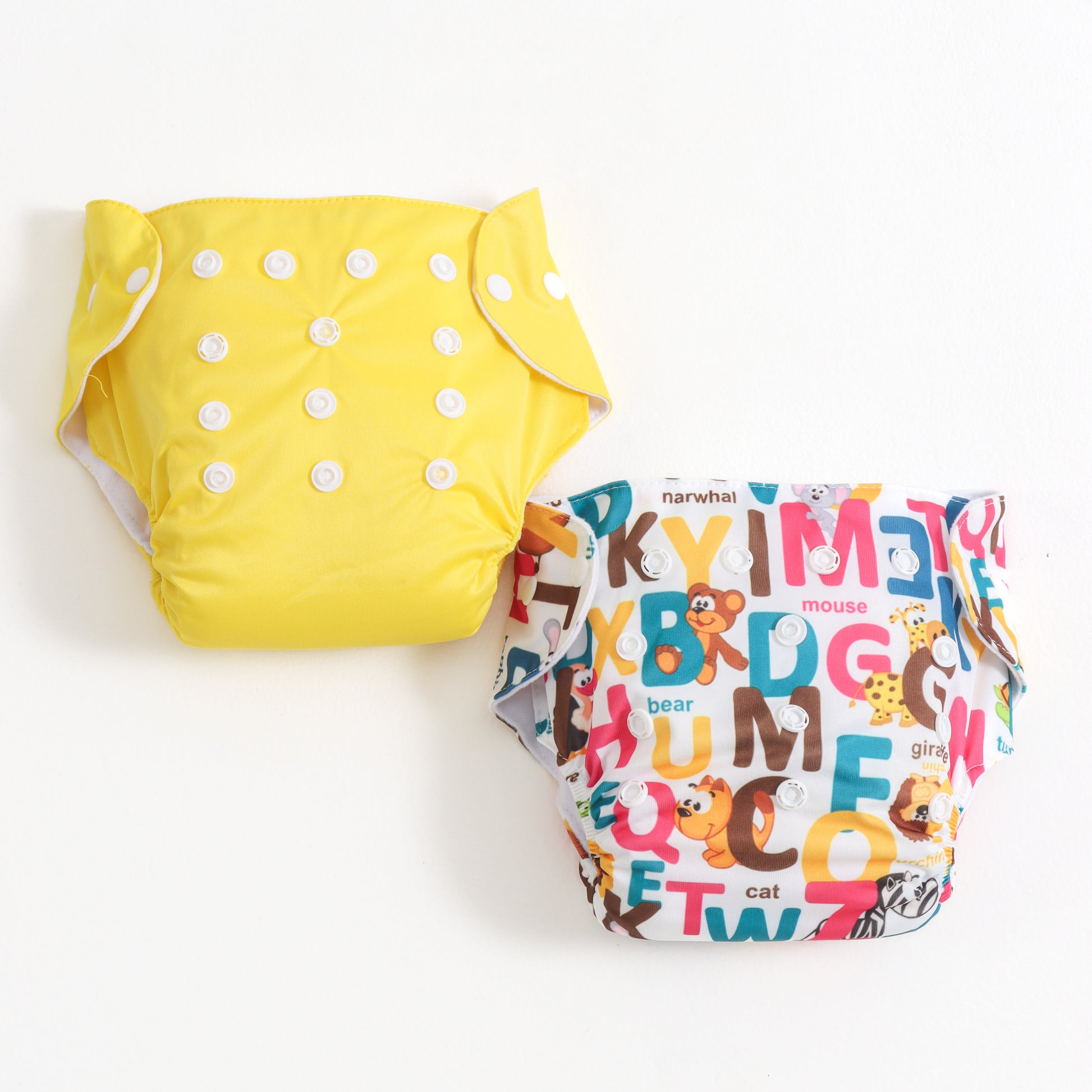 Baby Reusable Adjustable Cloth Diaper Pack of 2 – Yellow Solid & Alphabet Animal Print | Washable |