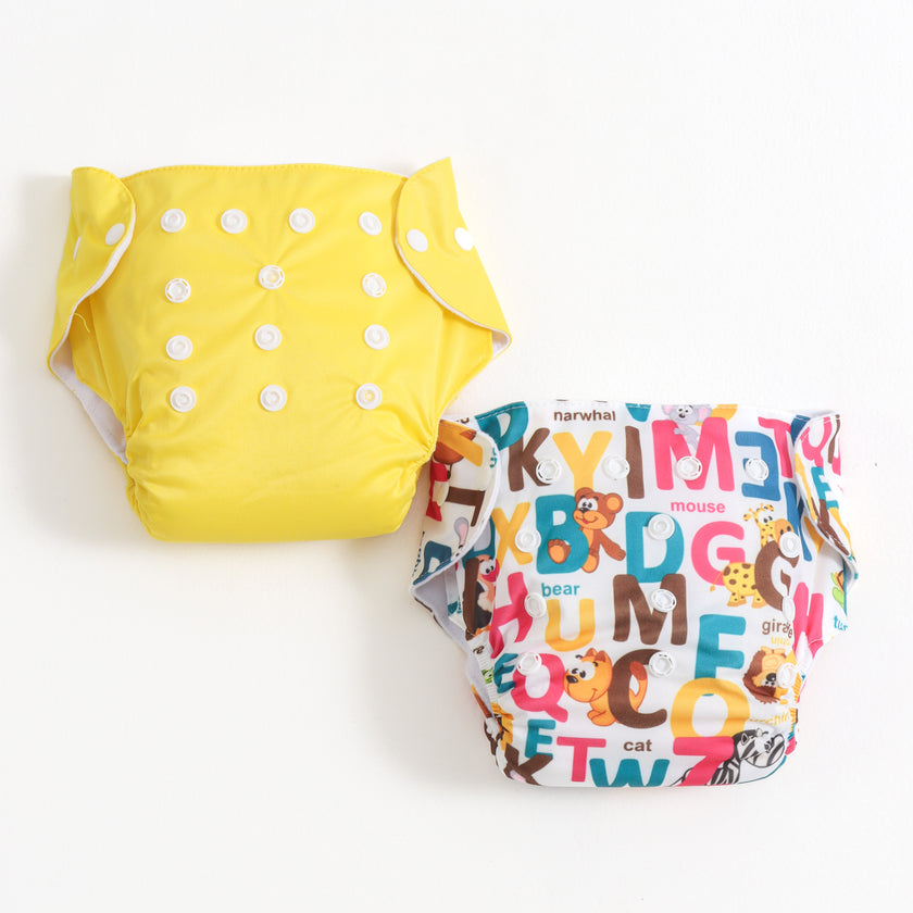 Baby Reusable Adjustable Cloth Diaper Pack of 2 – Yellow Solid & Alphabet Animal Print | Washable |