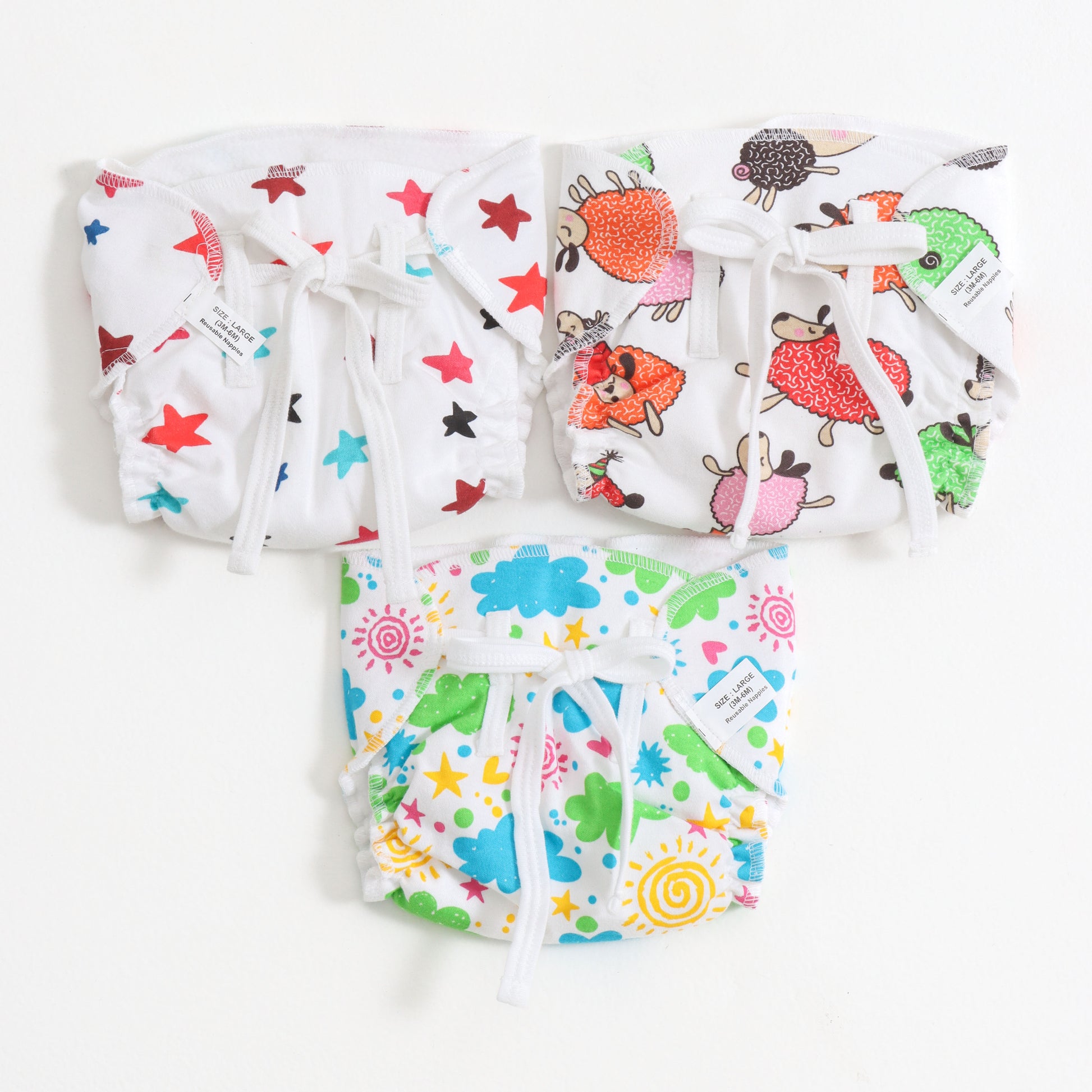 JusCubs Unisex Infant Tie-Up Reusable Cloth Nappy Set | Assorted Prints (Pack of 3)