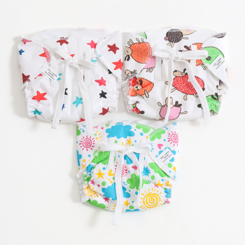 JusCubs Unisex Infant Tie-Up Reusable Cloth Nappy Set | Assorted Prints (Pack of 3)