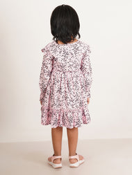 Girls' Pink Ruffled Long Sleeve Dress – Black Heart Print with Waist Tie"