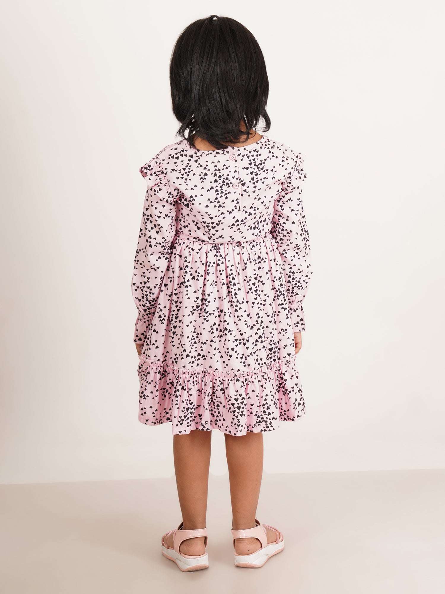 Girls' Pink Ruffled Long Sleeve Dress – Black Heart Print with Waist Tie"