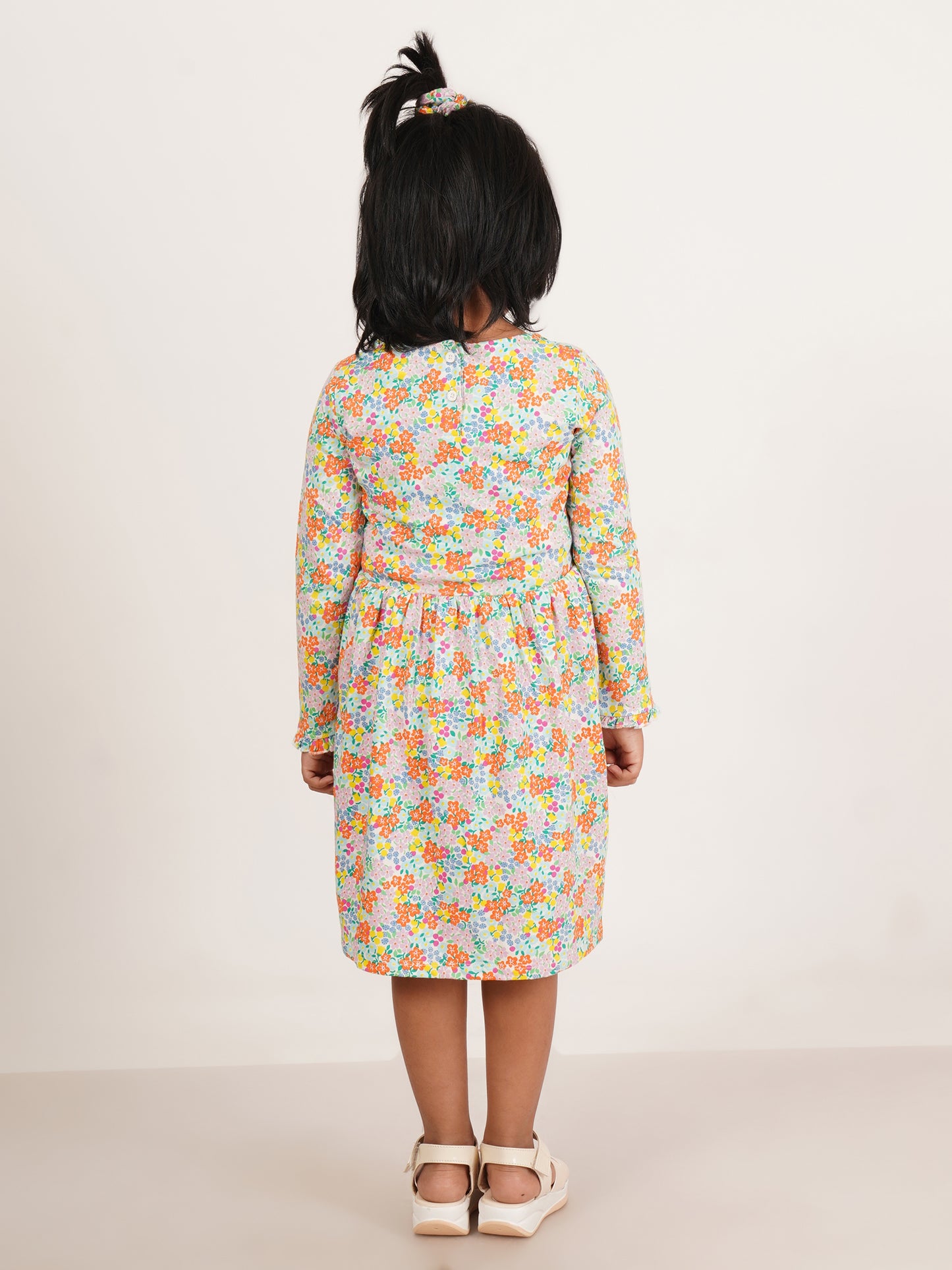 "Girls' Long Sleeve Floral Print Dress – Colorful Spring Cotton Frock"