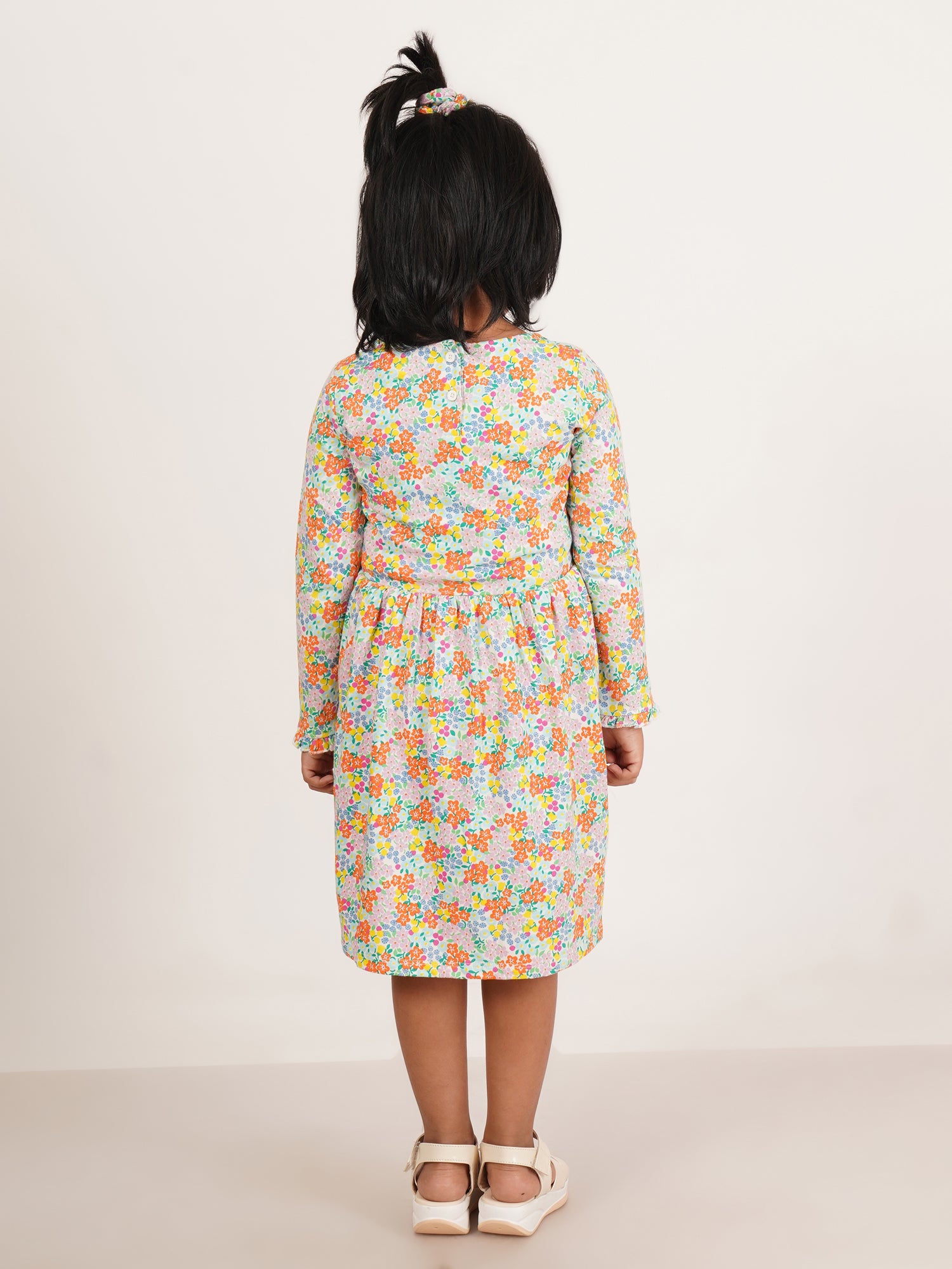 "Girls' Long Sleeve Floral Print Dress – Colorful Spring Cotton Frock"